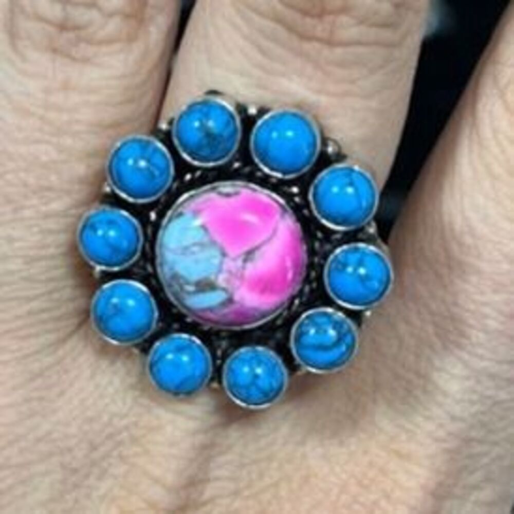 Sterling Silver Cotton Candy & Turquoise Cluster Flower Ring Size 8